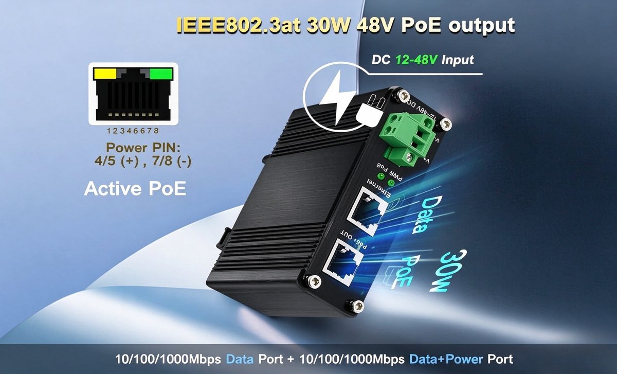 Industrial PoE injector with 12-48V DC input and IEEE 802.3at 30W output documented on the manufacturer's product graphic