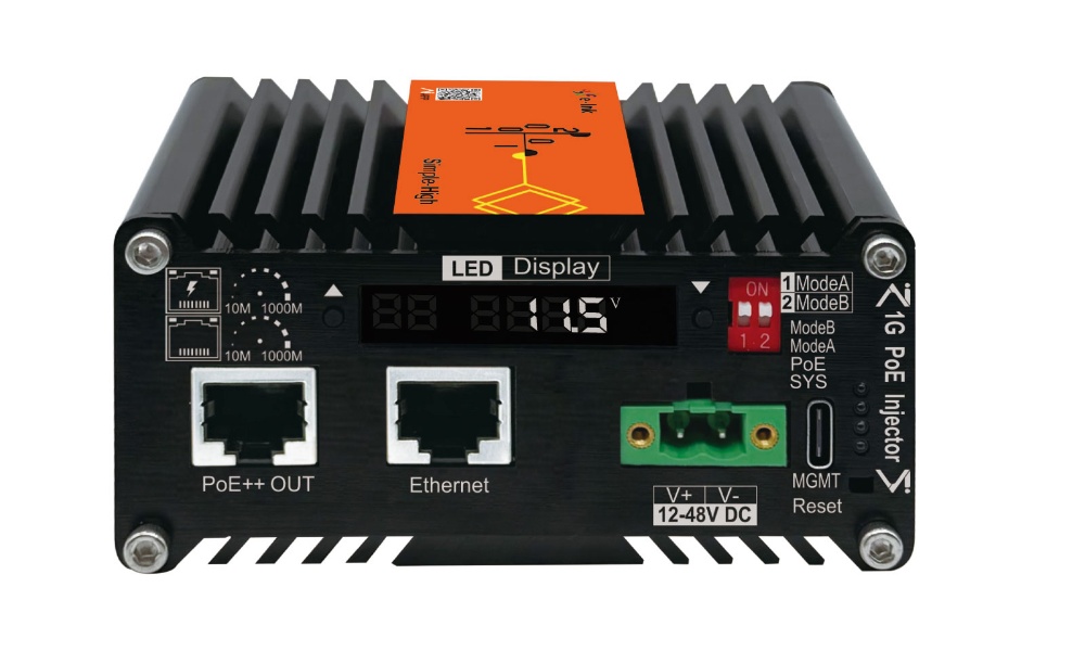 Front panel of an E-Linkchina 1G PoE injector showing PoE++ output port, Ethernet port, LED display and 12-48V DC terminals