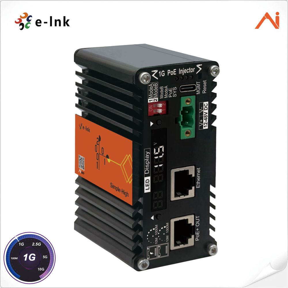 E-Linkchina 1G PoE injector with LED display, management port and 12-48V DC input terminals