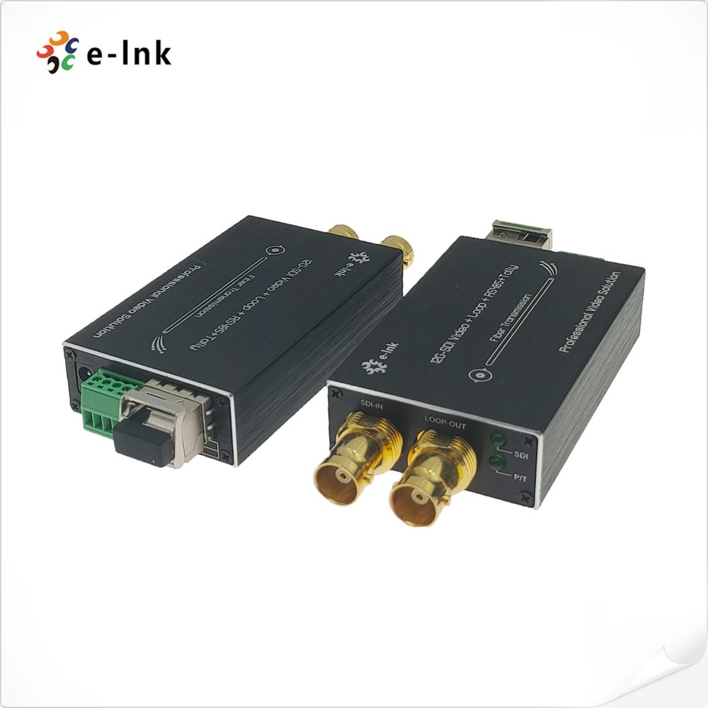 A pair of E-Linkchina SDI fiber extender units showing BNC inputs, loop output and fiber port