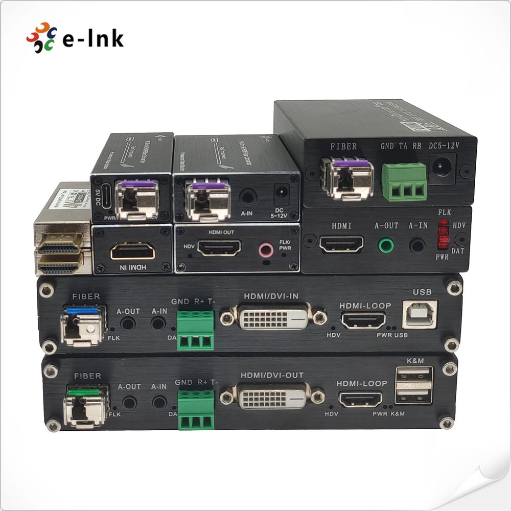 HDMI, DVI and USB KVM fiber extender units from the E-Linkchina catalogue stacked to show their fiber, video and data ports